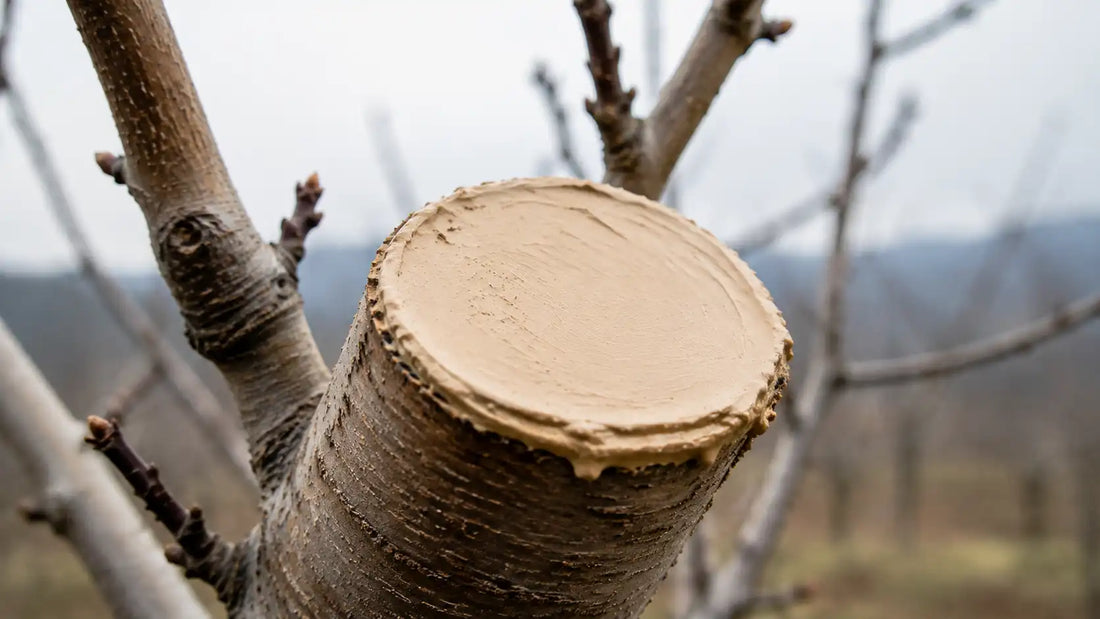 Corte de poda fresco en árbol frutal sin sellar — tejido vivo expuesto que protege la pasta de poda biológica Trichoderma T3