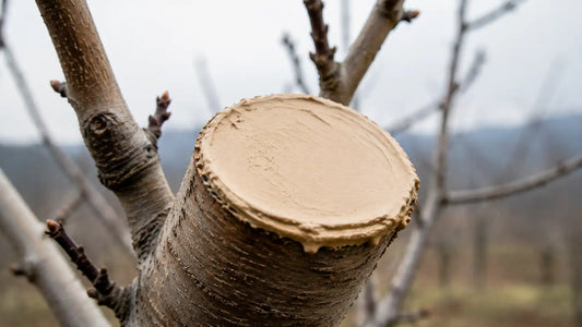 Corte de poda fresco en árbol frutal sin sellar — tejido vivo expuesto que protege la pasta de poda biológica Trichoderma T3