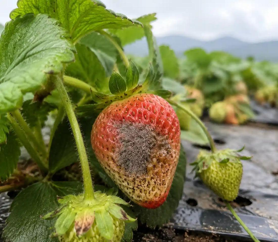 Síntomas de moho gris (Botrytis cinerea) en frutillas — mancha acuosa y esporulación gris en fruto