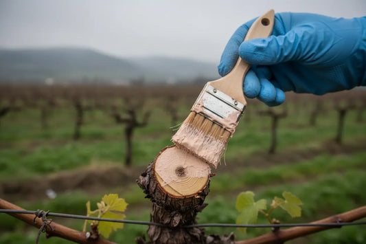 Aplicación de Trichoderma Pasta selladora en corte de poda de viña — protección biológica contra hongos