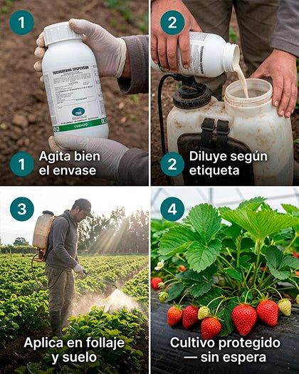 Cómo aplicar Trichoderma Suspensión T3 — diluir, agitar y aplicar en follaje y suelo, dosis por cultivo